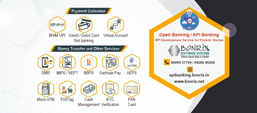 Open Banking / API Banking: API Development Service for Fintech Startups, Payment Collection, BHIM UPI, Credit/Debit Card, Net Banking, Virtual Account, Money Transfer, DMR, IMPS/NEFT, BBPS, Aadhar Pay, AEPS, Micro ATM, FASTag, Cash Management, KYC Verification, PAN Card
